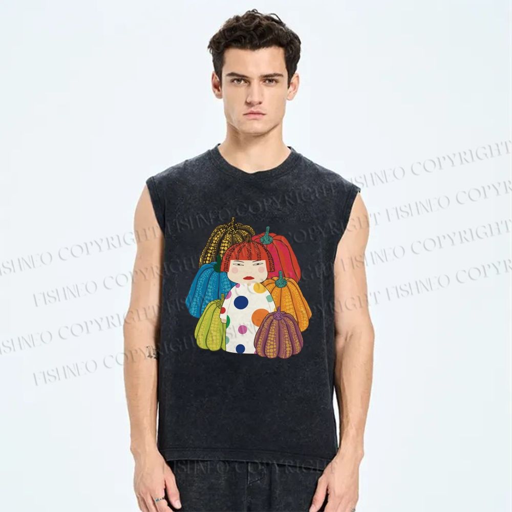 Unisex Yayoi Kusama And Pumpkin Printed Washed Tank Top