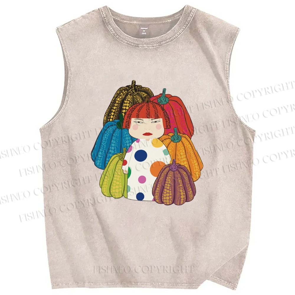 Unisex Yayoi Kusama And Pumpkin Printed Washed Tank Top
