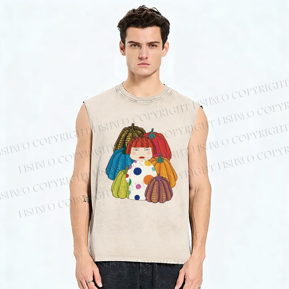 Unisex Yayoi Kusama And Pumpkin Printed Washed Tank Top