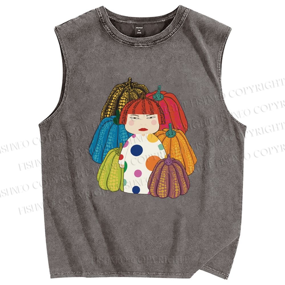 Unisex Yayoi Kusama And Pumpkin Printed Washed Tank Top