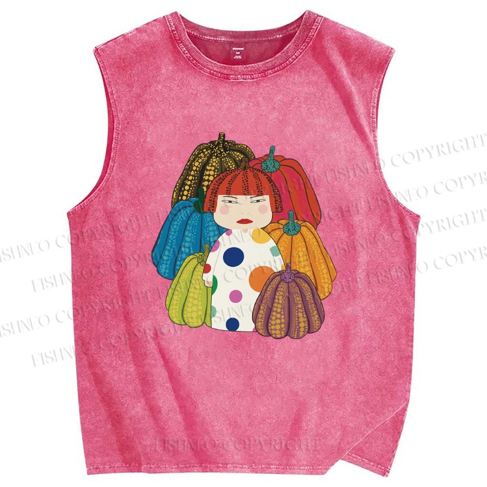 Unisex Yayoi Kusama And Pumpkin Printed Washed Tank Top
