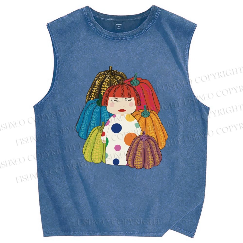 Unisex Yayoi Kusama And Pumpkin Printed Washed Tank Top