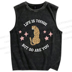 Unisex Life Is Tough Leopard Printed Washed Tank Top