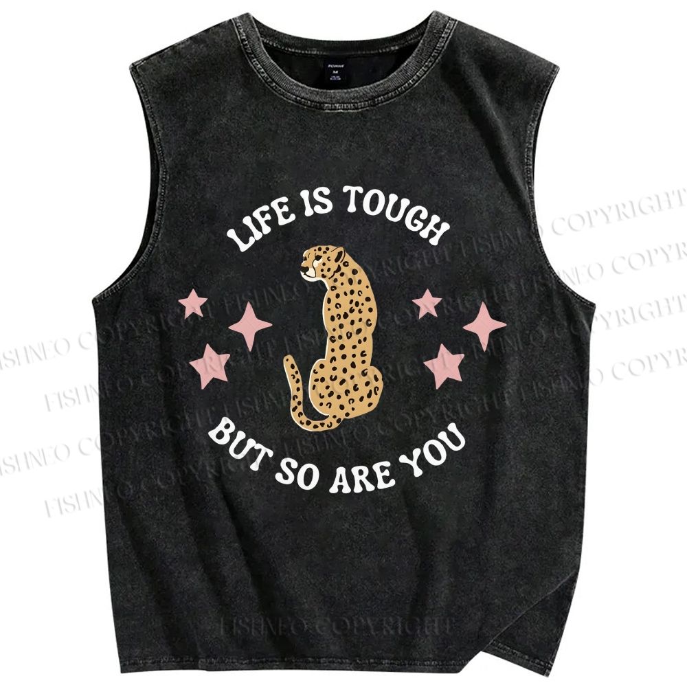 Unisex Life Is Tough Leopard Printed Washed Tank Top