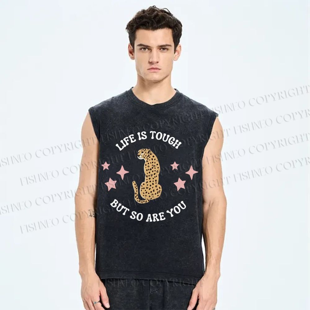Unisex Life Is Tough Leopard Printed Washed Tank Top