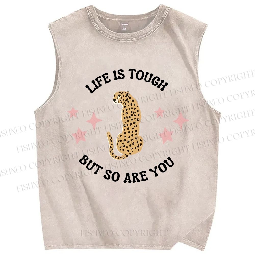 Unisex Life Is Tough Leopard Printed Washed Tank Top