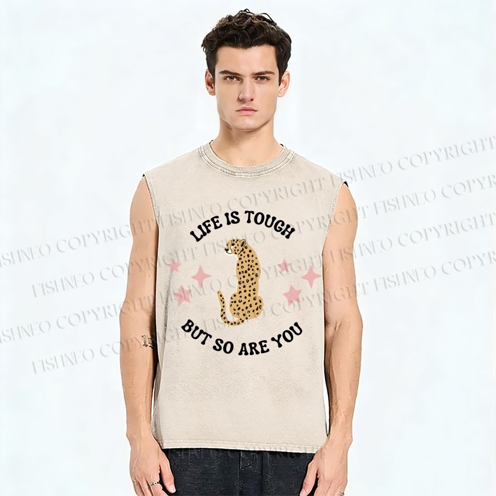 Unisex Life Is Tough Leopard Printed Washed Tank Top
