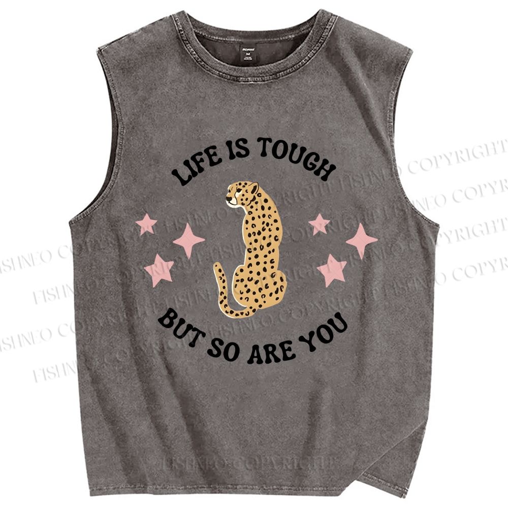 Unisex Life Is Tough Leopard Printed Washed Tank Top