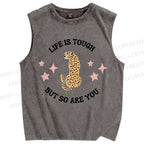 Unisex Life Is Tough Leopard Printed Washed Tank Top