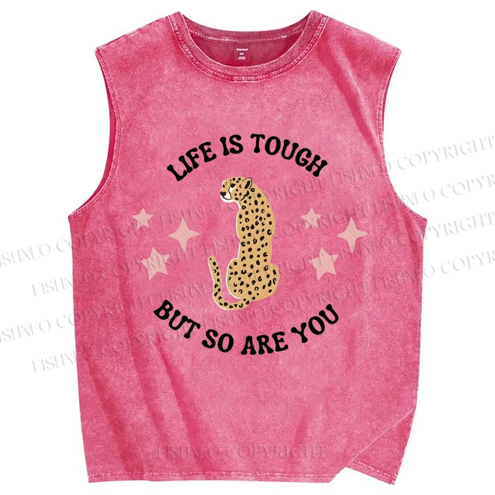Unisex Life Is Tough Leopard Printed Washed Tank Top