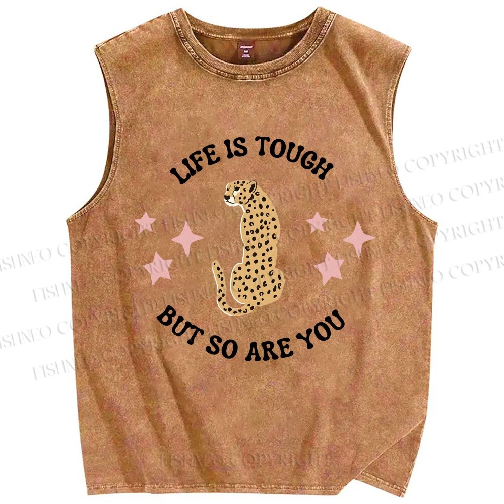 Unisex Life Is Tough Leopard Printed Washed Tank Top