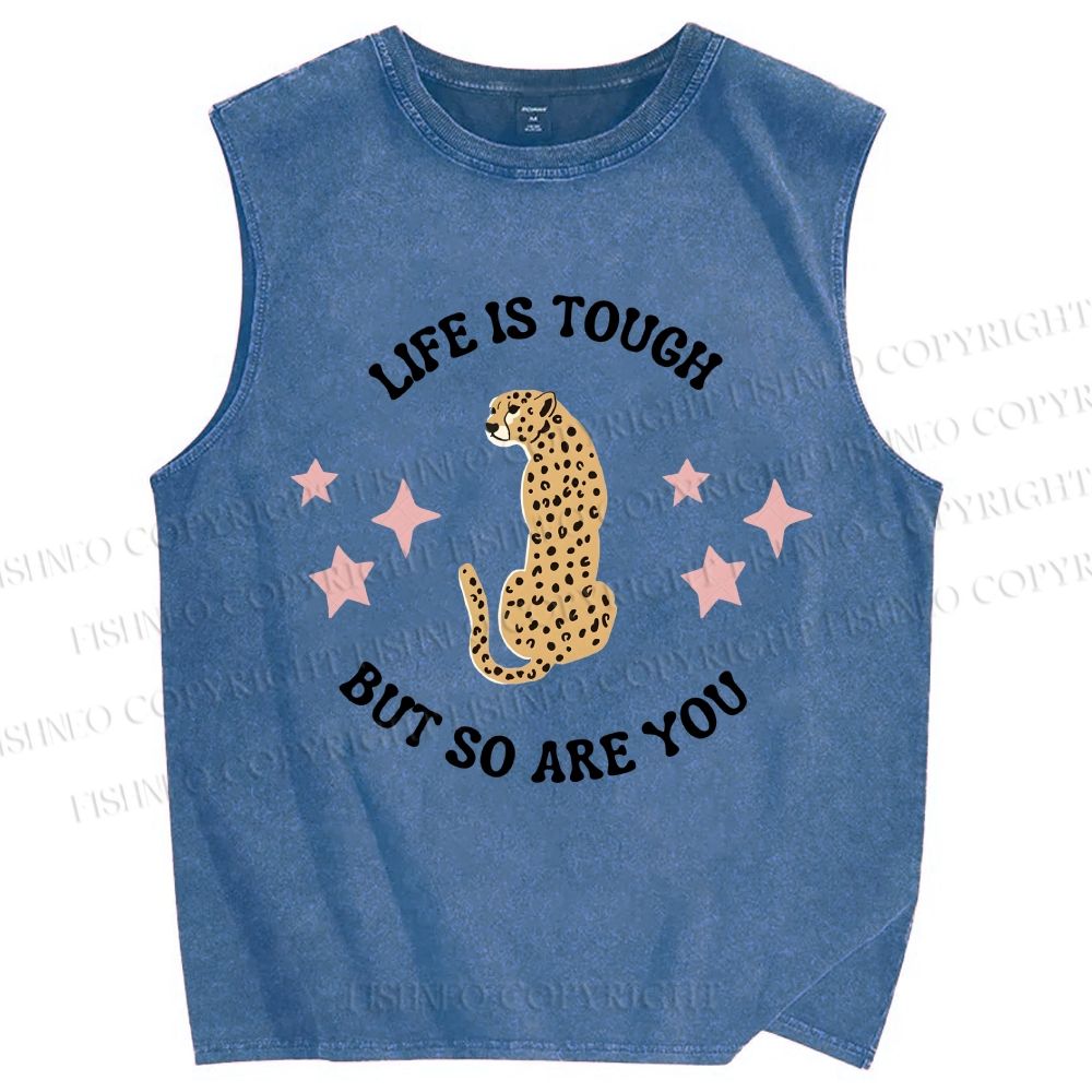 Unisex Life Is Tough Leopard Printed Washed Tank Top