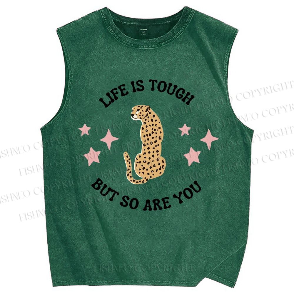 Unisex Life Is Tough Leopard Printed Washed Tank Top