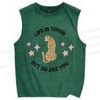 Unisex Life Is Tough Leopard Printed Washed Tank Top