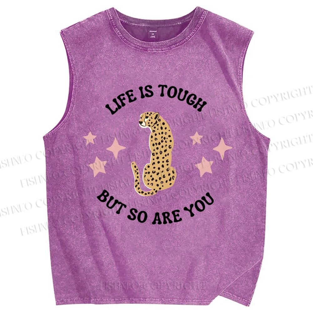 Unisex Life Is Tough Leopard Printed Washed Tank Top