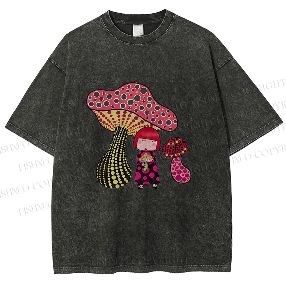 Unisex Yayoi Kusama Mushrooms Printed Washed Tee