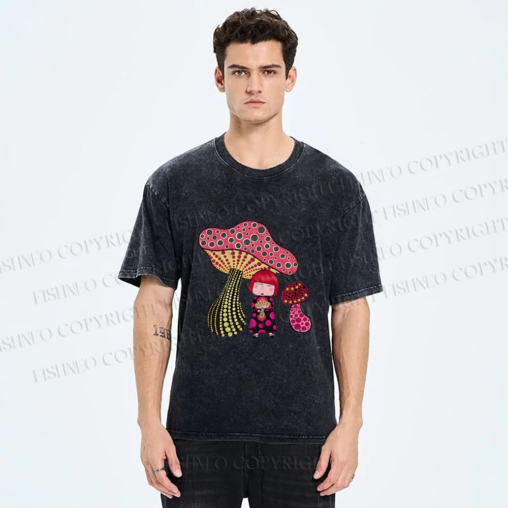 Unisex Yayoi Kusama Mushrooms Printed Washed Tee