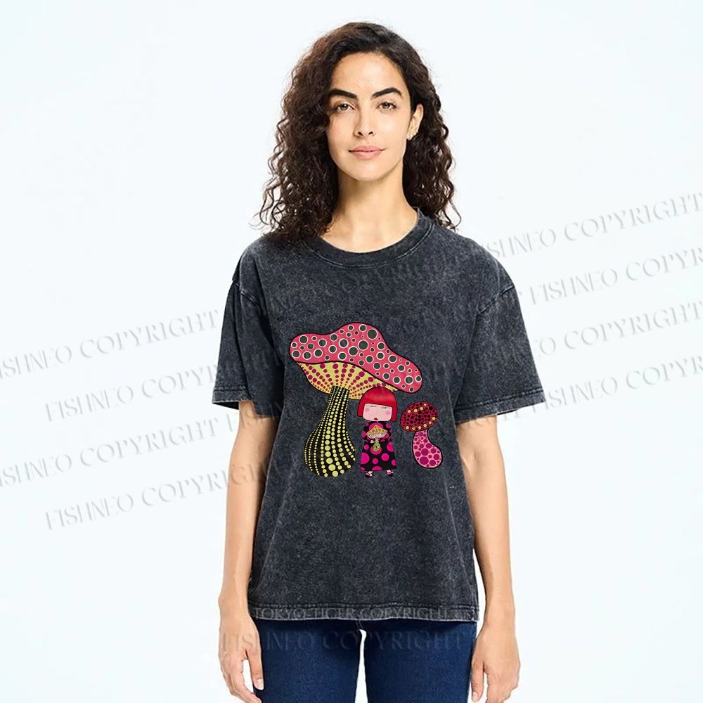 Unisex Yayoi Kusama Mushrooms Printed Washed Tee