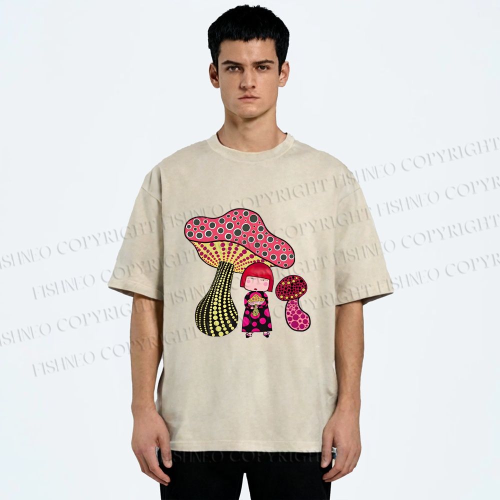 Unisex Yayoi Kusama Mushrooms Printed Washed Tee
