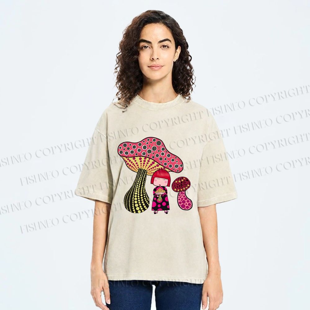 Unisex Yayoi Kusama Mushrooms Printed Washed Tee