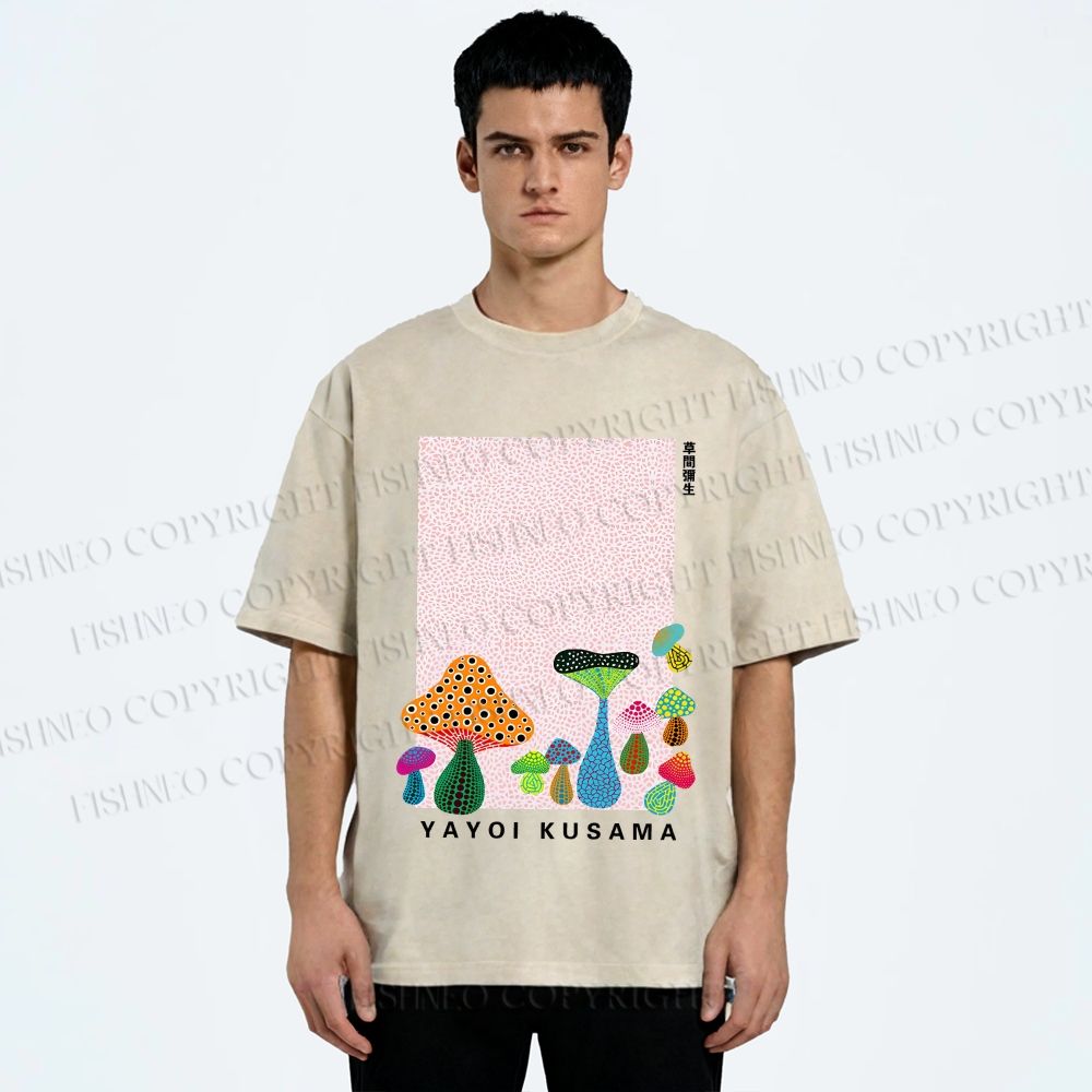 Unisex Yayoi Kusama Mushrooms Printed Washed Tee