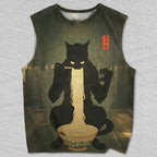 Unisex Eating Ramen Cat Printed Tank Top