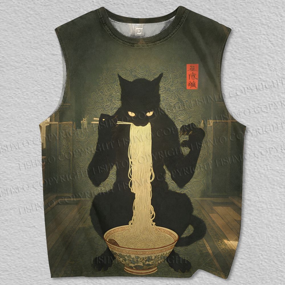 Unisex Eating Ramen Cat Printed Tank Top
