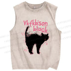 Unisex Frightened Cat Printed Washed Tank Top