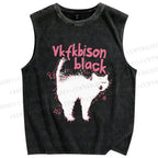 Unisex Frightened Cat Printed Washed Tank Top