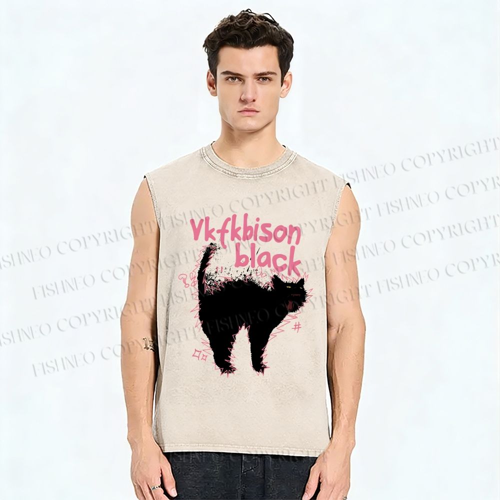Unisex Frightened Cat Printed Washed Tank Top