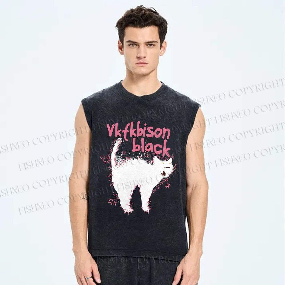 Unisex Frightened Cat Printed Washed Tank Top
