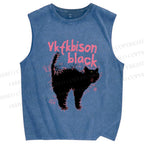 Unisex Frightened Cat Printed Washed Tank Top