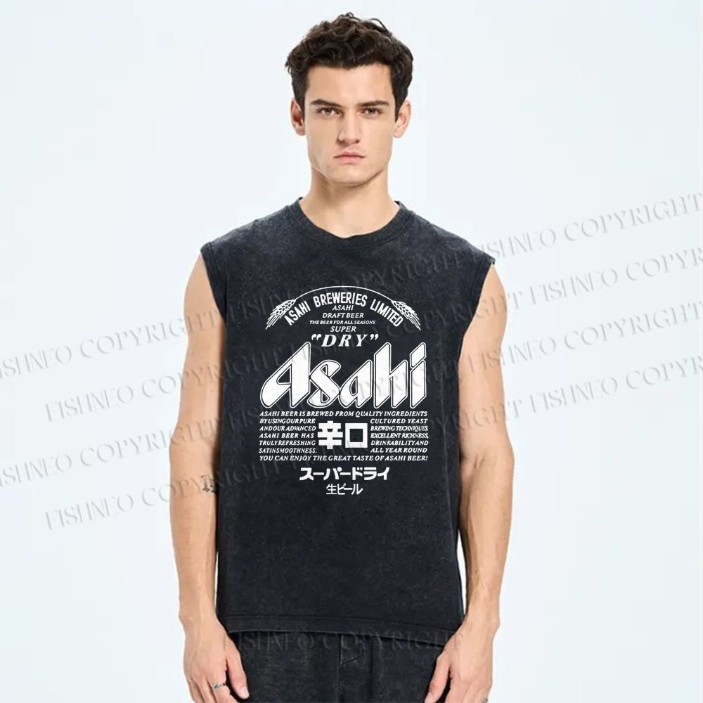 Unisex Japanese Beer Printed Washed Tank Top