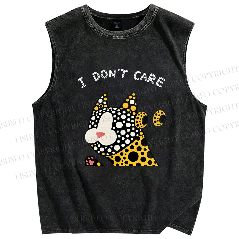 Unisex I Don't Care Cat Printed Washed Tank Top