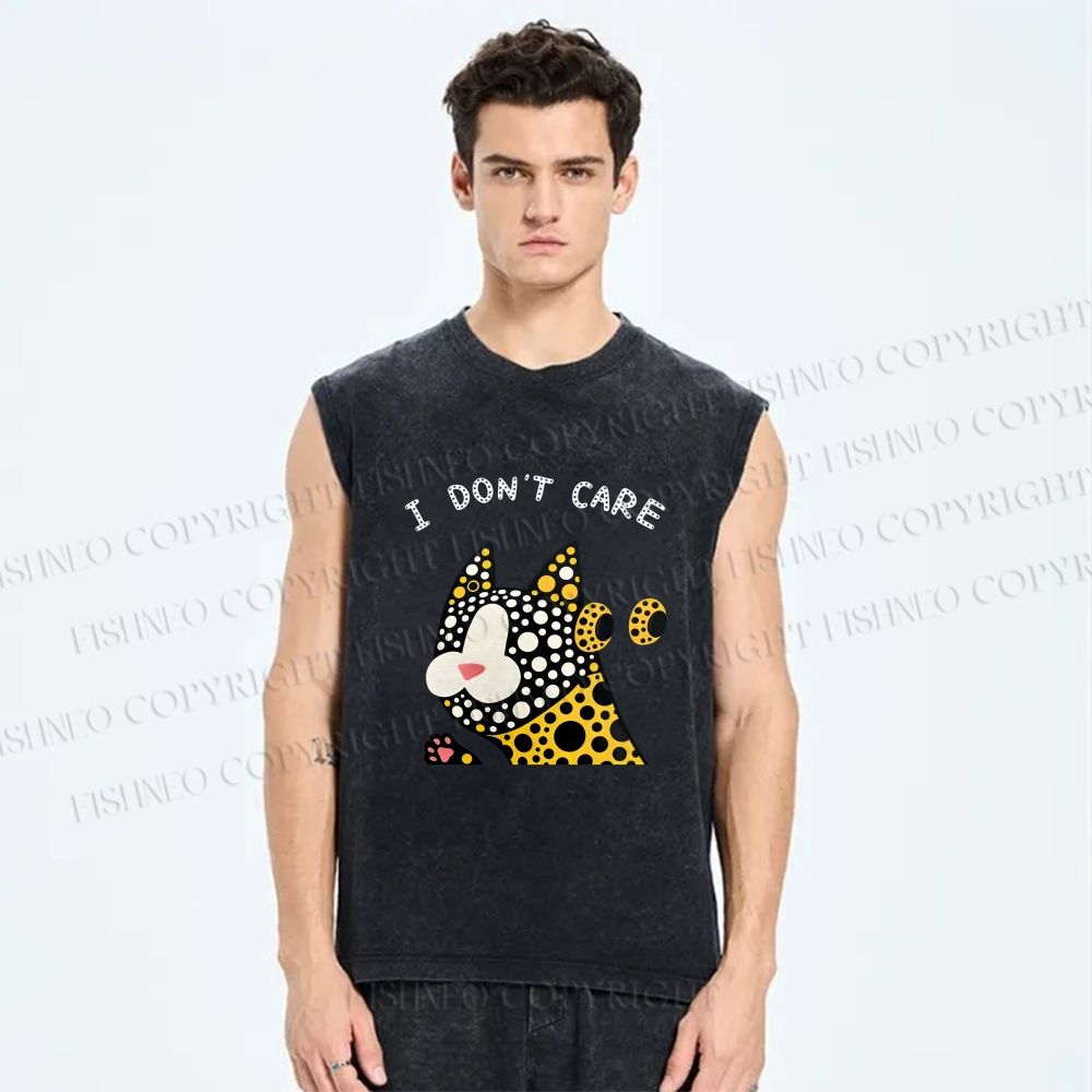 Unisex I Don't Care Cat Printed Washed Tank Top
