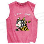 Unisex I Don't Care Cat Printed Washed Tank Top