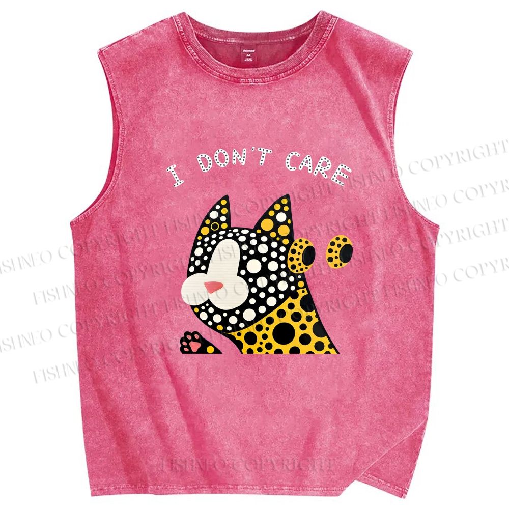Unisex I Don't Care Cat Printed Washed Tank Top