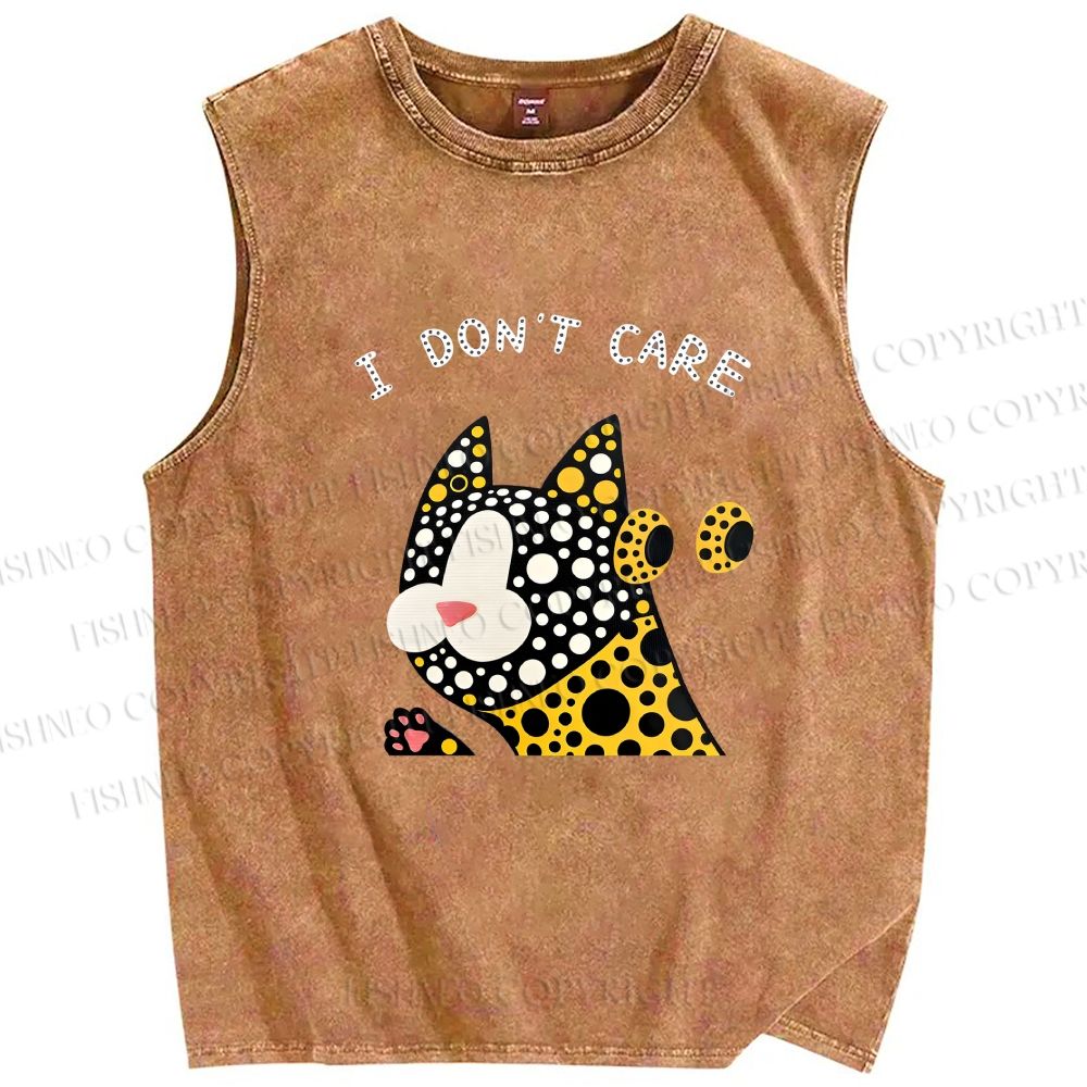 Unisex I Don't Care Cat Printed Washed Tank Top