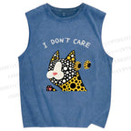 Unisex I Don't Care Cat Printed Washed Tank Top