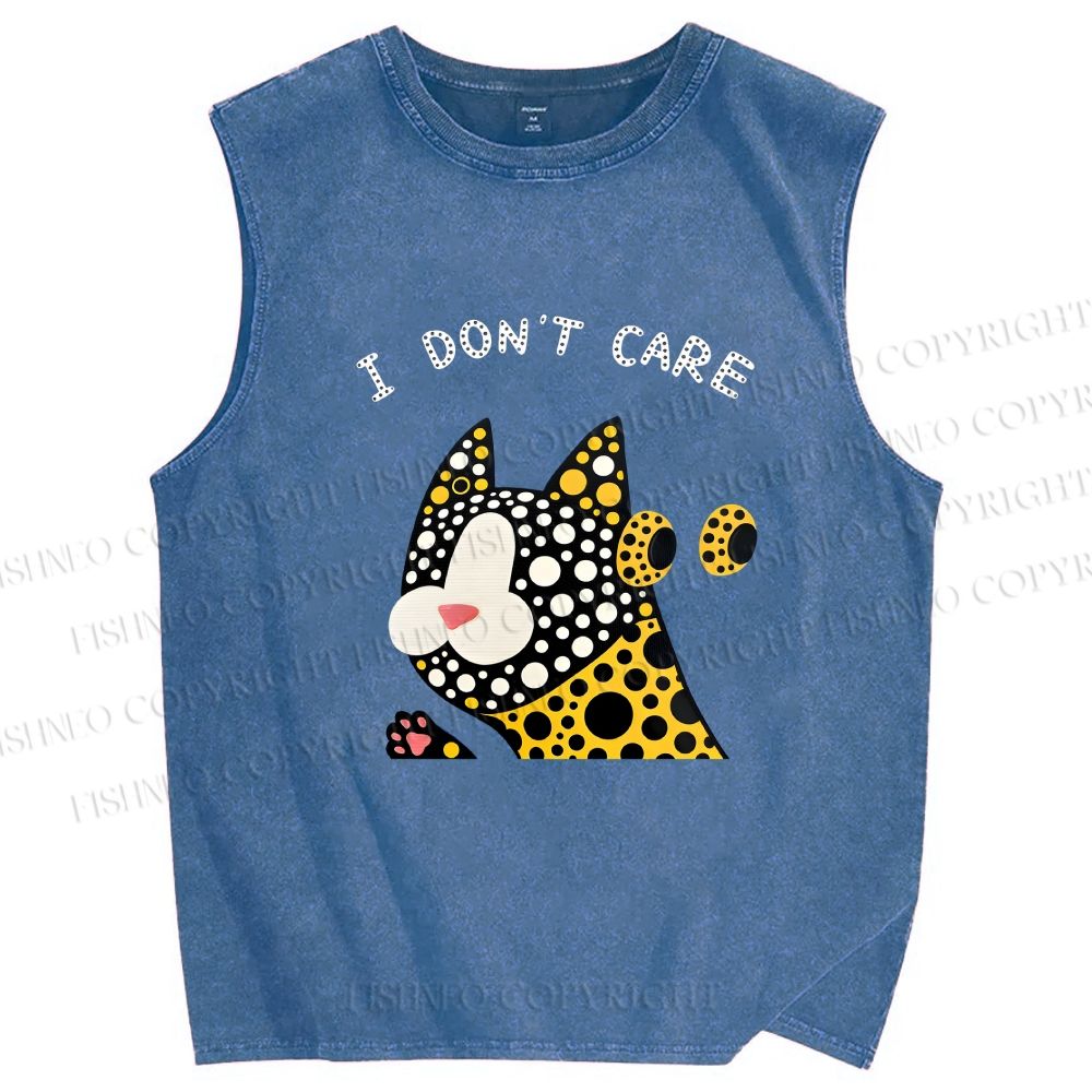Unisex I Don't Care Cat Printed Washed Tank Top
