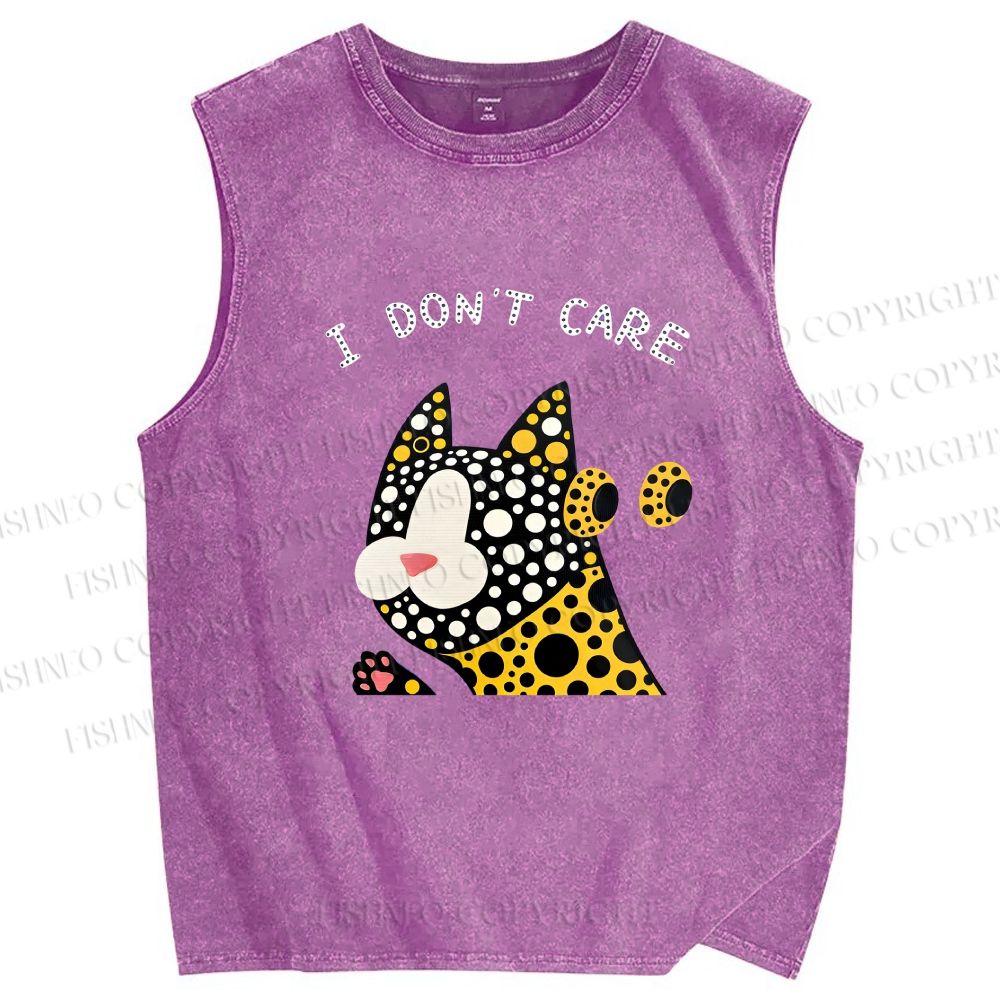 Unisex I Don't Care Cat Printed Washed Tank Top