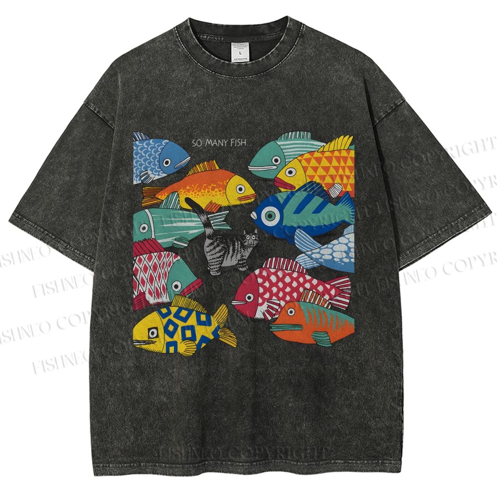 Unisex So Many Fish Printed Washed Tee