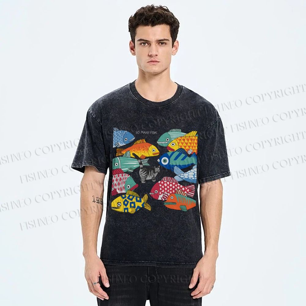 Unisex So Many Fish Printed Washed Tee