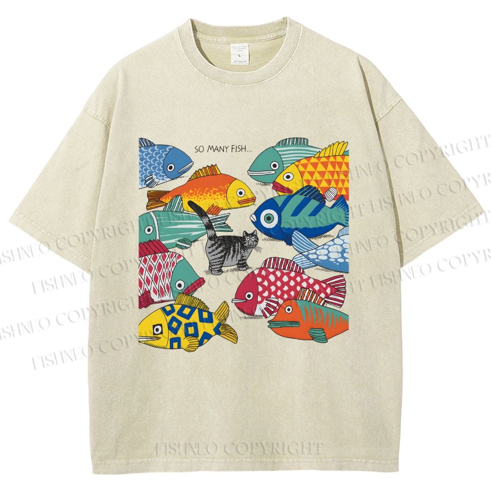 Unisex So Many Fish Printed Washed Tee