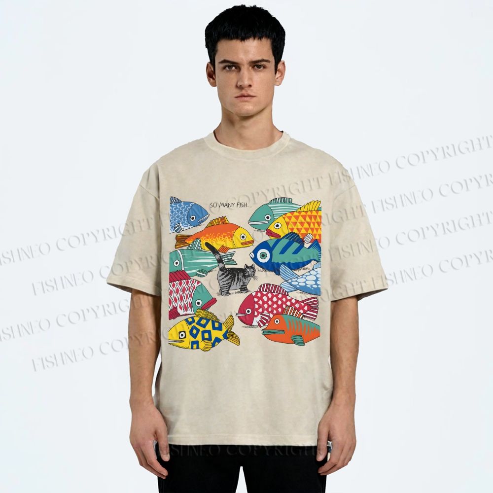 Unisex So Many Fish Printed Washed Tee