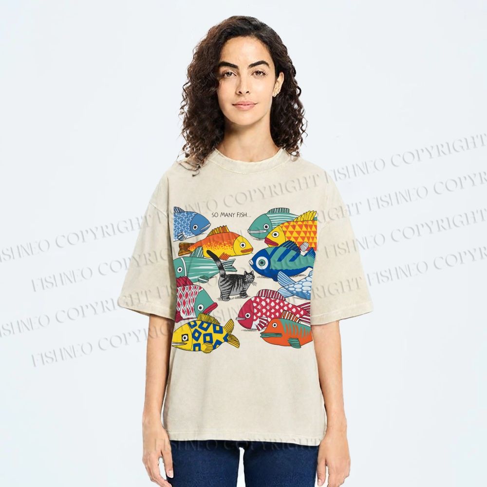 Unisex So Many Fish Printed Washed Tee