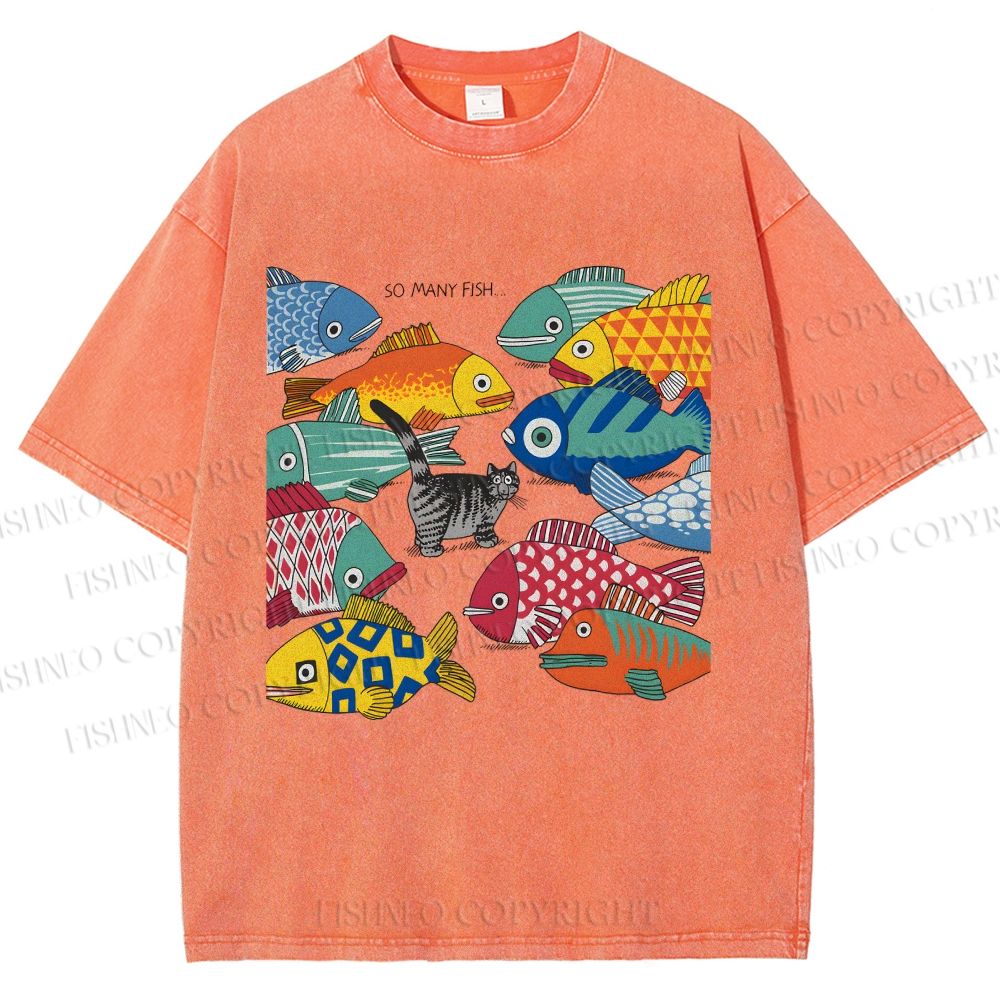 Unisex So Many Fish Printed Washed Tee