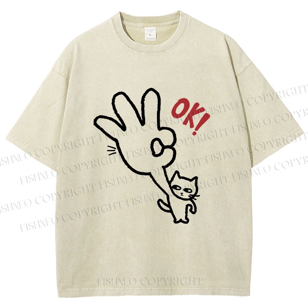 Unisex Ok Cat Printed Washed Tee
