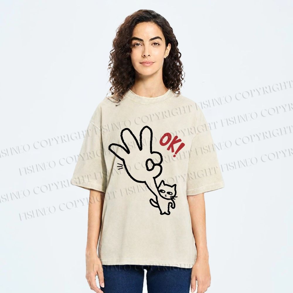Unisex Ok Cat Printed Washed Tee