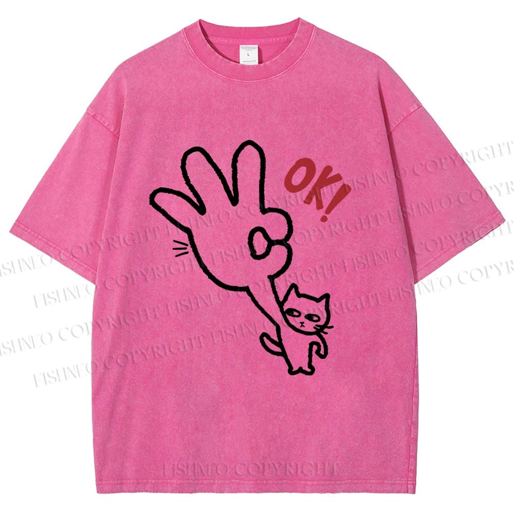 Unisex Ok Cat Printed Washed Tee